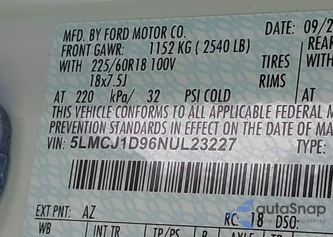 2022 Lincoln Corsair Standard из США, поврежденный, VIN 5LMCJ1D96NUL23227